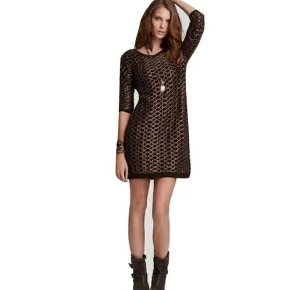 Free People New Romantics Joan of Arc Brown and Gold Sweater Dress - Picture 1 of 11
